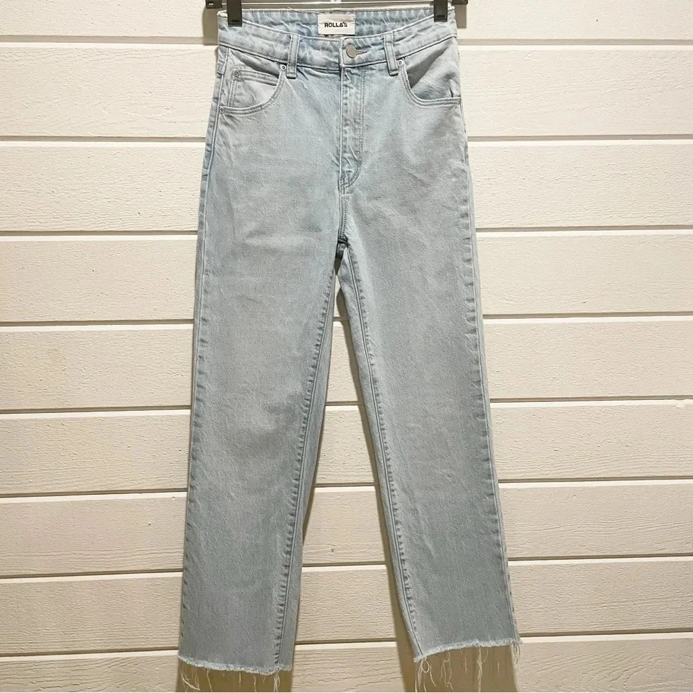 Rolla’s Women’s Original High Rise Straight Raw Hem Jeans in Light Blue Wash 25
